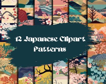 May include: Twelve digital paper patterns featuring Japanese-inspired designs. The patterns include cherry blossoms, mountains, and geometric shapes in a variety of colors, including pink, blue, green, and yellow.
