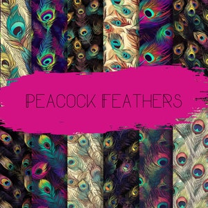 Peacock Feathers 12&quot;x12&quot; Seamless Patterns, Digital Seamless Patterns, Peacock Feathers, Digital Paper, Printable Paper 12 design Bundle