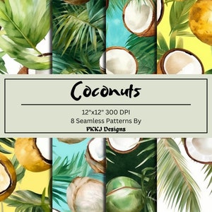 Sömlösa kokosmönster, 8 olika digitala mönster på 30 x 30 cm, akvarell kokosmönster, tropiska mönster, sublimering, scrapbooking
