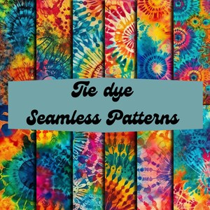 Peut inclure: Une collection de huit motifs tie-dye sans couture dans différentes couleurs, notamment le bleu, le vert, le jaune, l'orange et le rouge. Les motifs sont tous circulaires et ont un aspect tourbillonnant et psychédélique. Le texte "Tie dye Seamless Patterns" est affiché au centre de l'image.