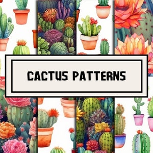 Hermosos diseños de acuarela de cactus, patrones digitales sin costura de 12 pulgadas por 12 pulgadas, suculentas y cactus, paquetes de papel imprimibles, impresiones digitales