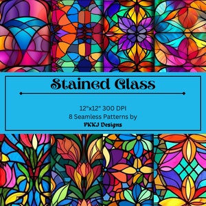 Stained Glass Seamless Patterns, 12 inch by 12 inch Digital Paper Patterns, Stained Glass Digital Backgrounds, Scrapbooking or Sublimation