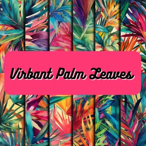 Vibrant Watercolor Palm Leaves and Tropical Plant Patterns, Seamless Digital Palm Leaf Patterns, Vibrant colors, 12&quot;X12&quot; Pattern Background