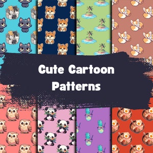 May include: A set of 10 seamless patterns featuring cute cartoon animals, food, and tropical designs. The patterns are in various colors, including blue, green, pink, purple, and red.