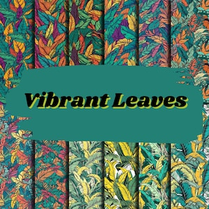 12&quot; by 12&quot; Vibrant Tropical Leaves Seamless Patterns, Vibrant Colors, Repeating Pattern, 12 Digital Paper Bundle, Digital Background Pattern