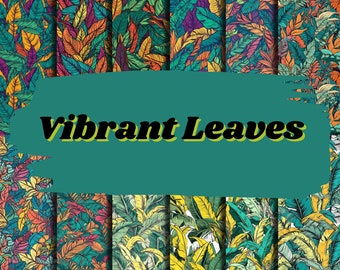 12" by 12" Vibrant Tropical Leaves Seamless Patterns, Vibrant Colors, Repeating Pattern, 12 Digital Paper Bundle, Digital Background Pattern