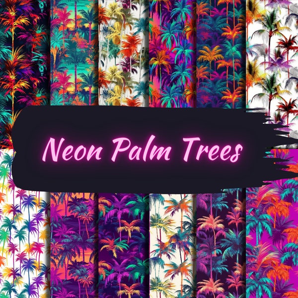 Vibrant Neon Palm Tree Patterns, Vivid Colors, 12"x 12" Seamless Patterns, 12 Pattern Bundle, Digital Paper Pack, Digital Backgrounds