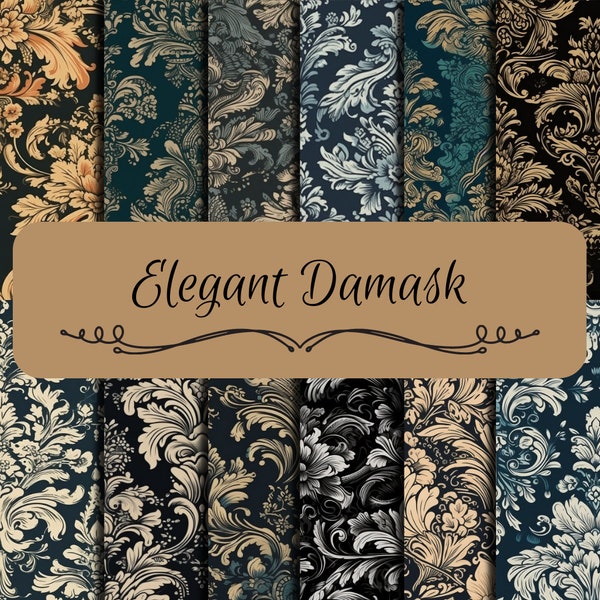 Elegant and Seamless Damask Patterns, Digital paper, Wedding Scrapbook Paper, Seamless Damask Wallpaper, Damask Background, 12"x12" Patterns