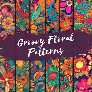 Diseños florales Groovy Retro Seamless, patrones de estampado floral de la década de 1970, paquete de patrones digitales 12 Seamless 12&quot;x12&quot;., Patrones Groovy Retro