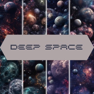 May include: A collage of six images depicting a deep space scene with multiple planets, stars, and galaxies. The text "DEEP SPACE" is displayed in the center of the collage.