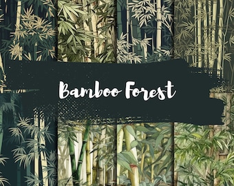 May include: A collection of bamboo forest illustrations in various shades of green and tan. The image features multiple panels with different bamboo forest scenes. The text "Bamboo Forest" is displayed in white script across a dark green banner.