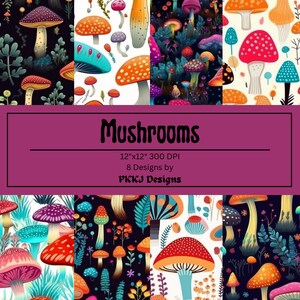 Colorful Mushroom designs, 12 inch by 12 inch Seamless Patterns, Craft Making, Mushroom Lovers Pattern, Fungus Fabric Prints, Digital Paper