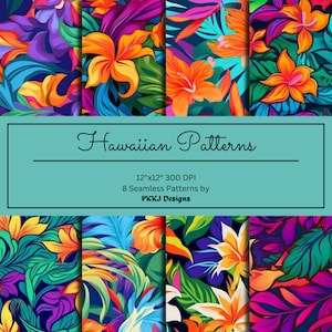 Hawaiian style patterns, 12 inch by 12 inch digital Seamless Patterns, 8 Printable Paper Bundle, Scrapbooking, Card making, Fabric Patterns