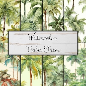 May include: A digital paper pack featuring watercolor illustrations of palm trees in various shades of green. The pack includes multiple seamless patterns with the text "Watercolor Palm Trees" displayed on a white wooden background.