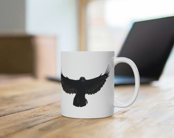 White Ceramic Double Sided Crow in Flight Mug