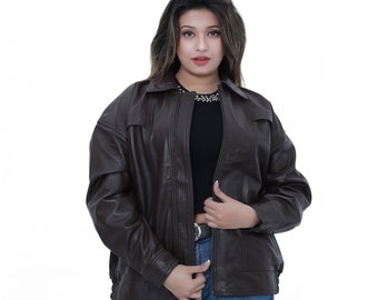 Women Handmade Brown Oversize Bomber Lambskin Soft Real Leather Jacket | Women Casual Wear Genuine Leather Jacket, Gift for women