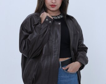 90s Womens Vintage Oversized Jacket, ladies leather jacket, ladies biker jacket, ladies oversized leather jacket, Womens oversized jacket