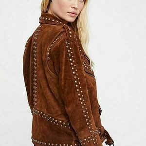 Women Brown Western Style Handmade Suede Leather Jacket Tips & Studs Zipper image 3