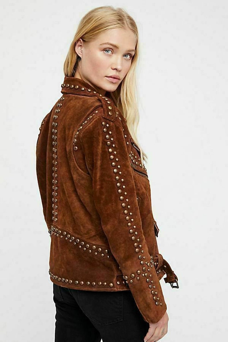 Women Brown Western Style Handmade Suede Leather Jacket Tips & Studs Zipper image 3