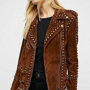 Women Brown Western Style Handmade Suede Leather Jacket Tips & Studs - Zipper