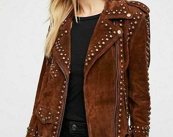 Women Brown Western Style Handmade Suede Leather Jacket Tips & Studs - Zipper