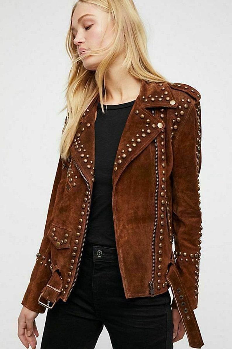 Women Brown Western Style Handmade Suede Leather Jacket Tips & Studs Zipper image 1