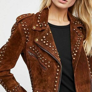 Women Brown Western Style Handmade Suede Leather Jacket Tips & Studs Zipper image 2