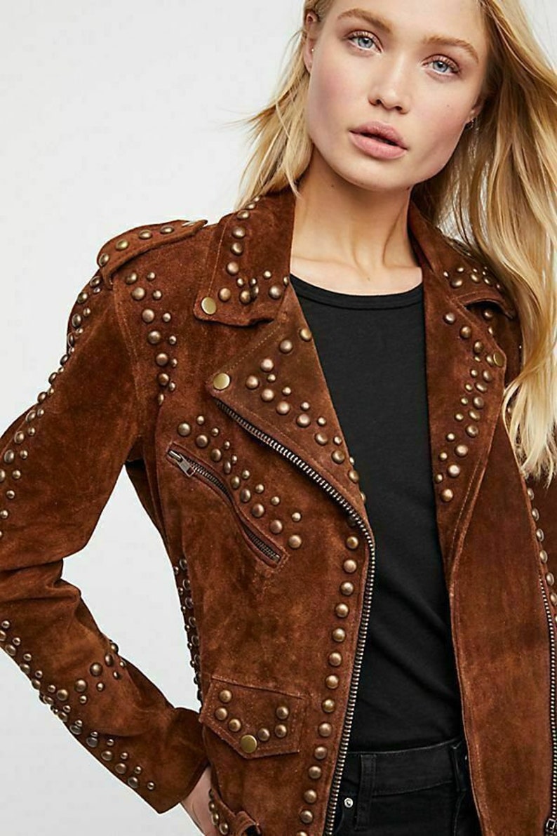 Women Brown Western Style Handmade Suede Leather Jacket Tips & Studs Zipper image 2