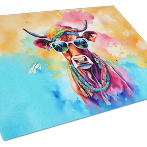 Kuh Glas Schneidebrett Hippie Tier Design | Langlebige Küchendekoration & funktionelle Schneidefläche | Einzigartiges Geschenk für Tierliebhaber