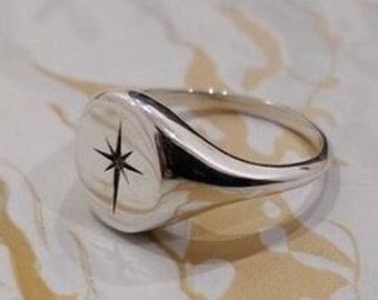Star Burst Signet Ring, 925 Sterling Silver Ring, Star Signet Ring, Personalized Signet Ring, Celestial Signet Ring, North Star Ring, Gift