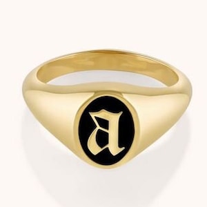 Initial Singet Ring, Gold Black Enamel Initial Ring, Letter Signet Ring, Enamel Ring,Gold Initial Ring,Initial Ring Silver,Personalised Ring