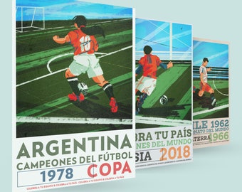 May include: A set of four colorful posters celebrating Argentina's 1978 World Cup victory. Each poster features a soccer player in action on a green field with a blue sky in the background. The posters are titled "Argentina Campeones del Futbol 1978 Copa" and "Celebra a tu equipo & celebra a tu pais".