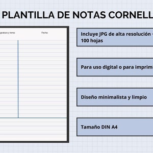 Puede incluir: Una plantilla de notas Cornell imprimible con un diseño minimalista. La plantilla está dividida en secciones para la asignatura y el tema, la fecha, las notas y las claves. La plantilla está diseñada para uso digital o impresión e incluye 100 páginas. La plantilla es de tamaño DIN A4.