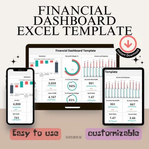 May include: A digital marketing template for an Excel spreadsheet. The template is designed to help businesses track their financial performance. The template includes charts and graphs that display key financial metrics, such as income, expenses, net profit, and quick ratio. The template is customisable and easy to use. The image shows a laptop, a tablet, and a smartphone displaying the template.