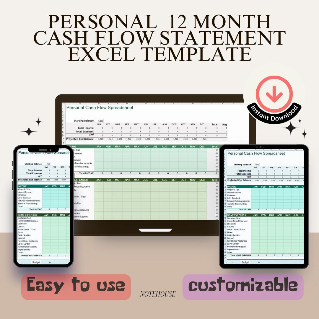 Personal Cash Flow Statement Template – Detailed & Categorized Excel ...