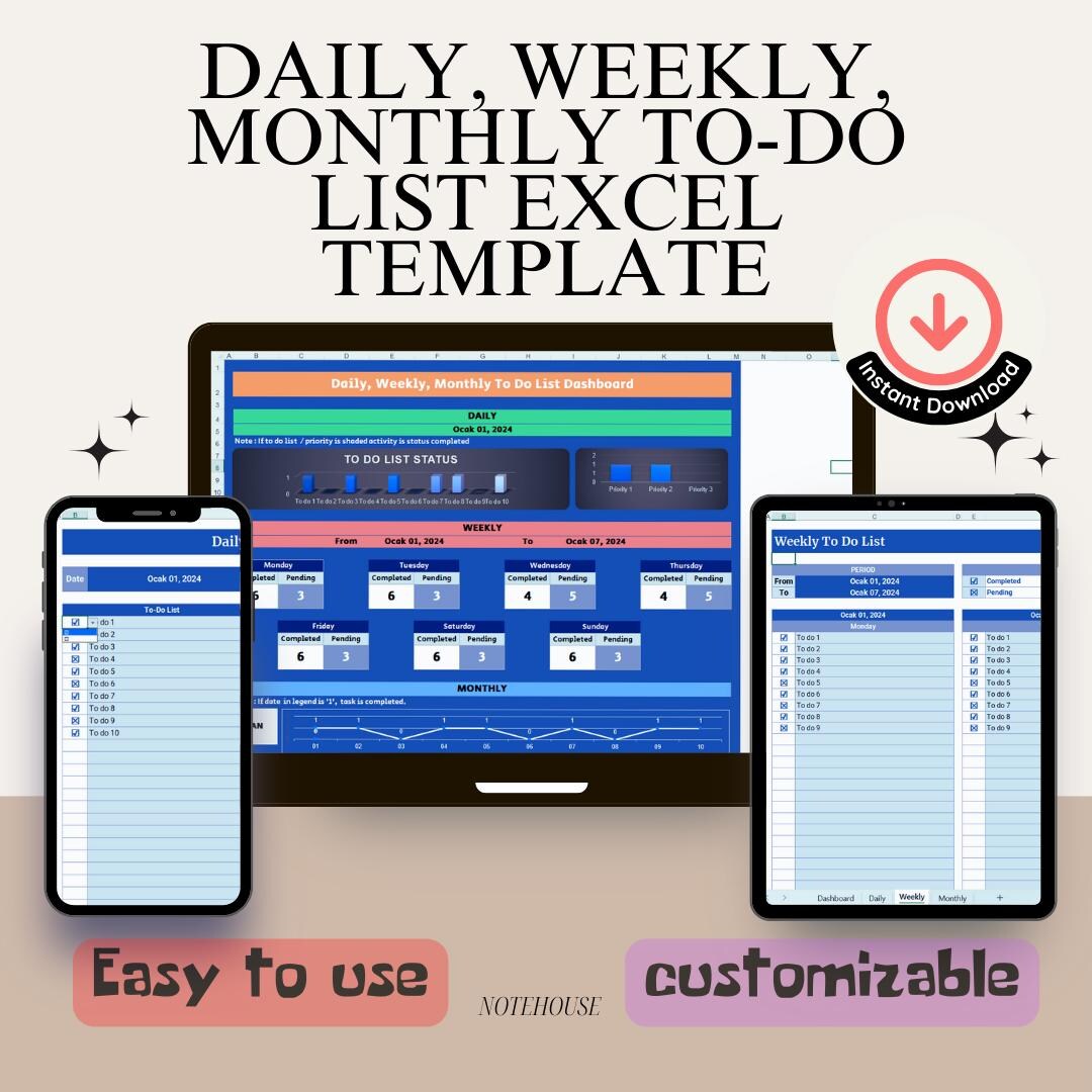 Daily, Weekly, Monthly To-do List Excel Template - Etsy