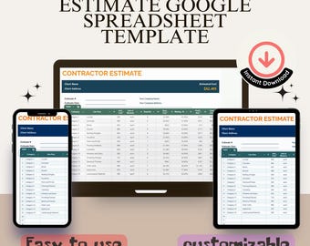 Plantilla de Hojas de Cálculo de Google para Estimación de Contratistas / Calculadora de Costos y Presupuestos de Trabajo / Hoja de Cálculo de Presupuestos de Proyectos Profesionales