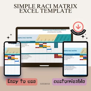 May include: A digital image showing a laptop, tablet, and smartphone displaying a simple RACI matrix template. The template is titled "Simple RACI Matrix" and includes columns for project deliverables, activities, responsible, accountable, consulted, and informed. The image also includes the text "Empowerment Endeavors Alliance" and "Instant Download".