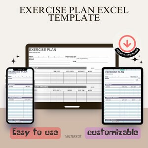 Pode incluir: Uma imagem digital que mostra um modelo de plano de exercícios personalizável em formato Excel. O modelo é exibido em um laptop, um tablet e um smartphone. O modelo inclui seções para aquecimento, treinamento de força e treinamento cardiovascular. A imagem inclui o texto "Fácil de usar" e "personalizável".