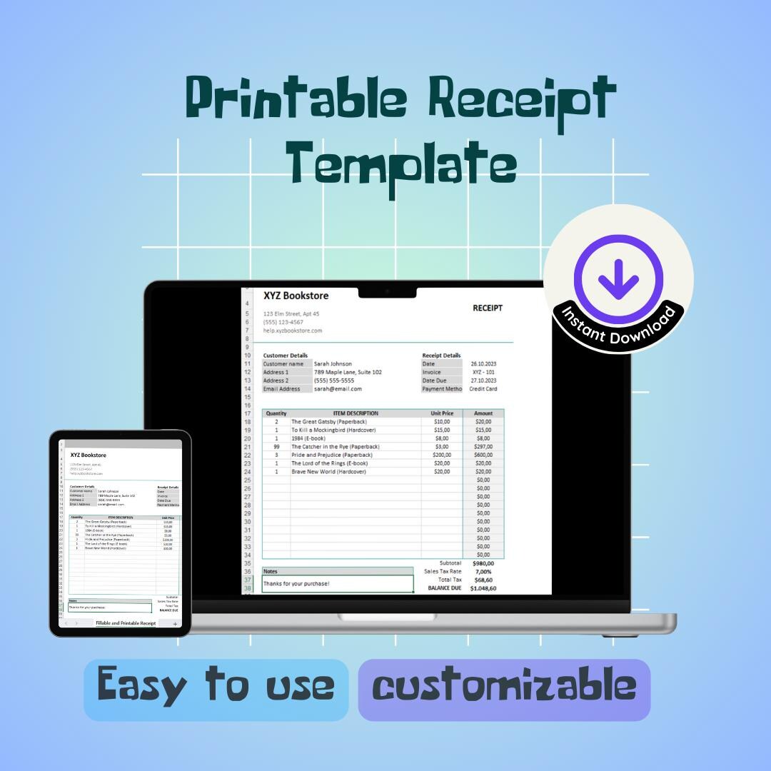 Fillable Printable Receipt Template Excel Editable Receipt Form Instant ...
