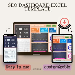 May include: A digital marketing dashboard template for Excel, with a blue background and colorful charts and graphs. The template includes data on organic sessions by device, top organic keywords, cost per acquisition, and average monthly cost per acquisition. The text "SEO Dashboard" is displayed on the template. The template is customizable and easy to use.