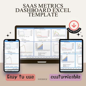 May include: A laptop, tablet and smartphone display a SaaS Metrics Dashboard Excel Template with various charts and graphs. The template is easy to use and customisable. The image includes the text "SaaS Metrics Dashboard Excel Template", "Saab Matrica Dashboard", "Instant Download", "Easy to use", "customisable", and "NOTEHOUSE".
