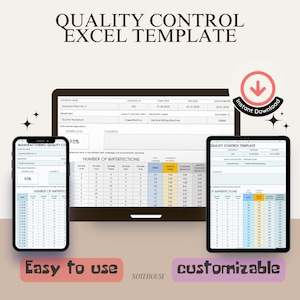 Op de afbeelding: Een digitale afbeelding die een computerscherm, een tablet en een smartphone laat zien waarop een Excel-sjabloon voor kwaliteitscontrole wordt weergegeven. De sjabloon is aanpasbaar en gemakkelijk te gebruiken. De tekst "Direct downloaden" is zichtbaar op het scherm.