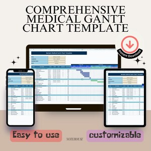 May include: A digital image showing a computer screen, a tablet, and a smartphone displaying a medical Gantt chart template. The template is titled "Sample Medical Gantt Chart Template". The text "COMPREHENSIVE MEDICAL GANTT CHART TEMPLATE" is displayed at the top of the image. The text "Easy to use" is displayed at the bottom left of the image. The text "customizable" is displayed at the bottom right of the image. The text "NOTEHOUSE" is displayed in the center of the image.