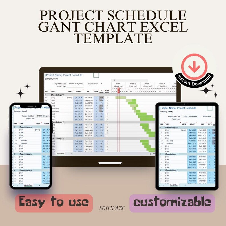 Project Schedule With Gantt Chart – Excel Template - Etsy