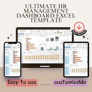 Peut inclure: Un écran d'ordinateur affichant un modèle de tableau de bord de gestion des RH personnalisable dans Excel. Le tableau de bord comprend des graphiques et des diagrammes avec des données sur les employés, les régions et d'autres indicateurs RH. Le modèle est facile à utiliser et peut être personnalisé pour répondre aux besoins de toute entreprise.