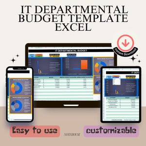 Op de afbeelding: Een digitale sjabloon voor een IT-afdelingsbudget in Excel. De sjabloon bevat een budgetverdeling, grafieken voor maandelijkse en jaarlijkse toewijzing en een budgettabel per categorie. De sjabloon is gemakkelijk te gebruiken en aan te passen.