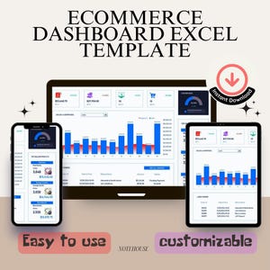 May include: A computer screen displaying a colorful ecommerce dashboard template in Excel. The dashboard includes charts, graphs, and tables with data on sales, expenses, conversions, and top-selling products. The template is easy to use and customizable. The text "Instant Download" is visible in the upper right corner of the image.