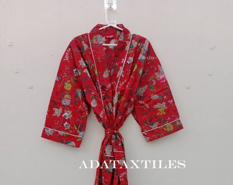 Handmade Cotton Kimono Robe: Floral Block Print Dressing Gown