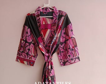 Floral Cotton Kimono Robe: Handblock Print Beach Coverup